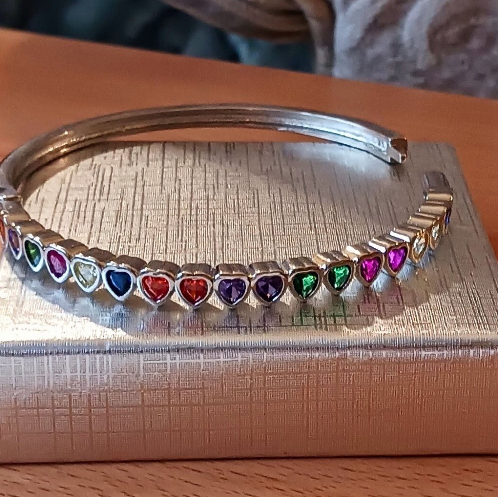 STERLING Silver Bangle Bracelet with Sparkling Colorful Heart Shaped Gemstones - Picture 2 of 15